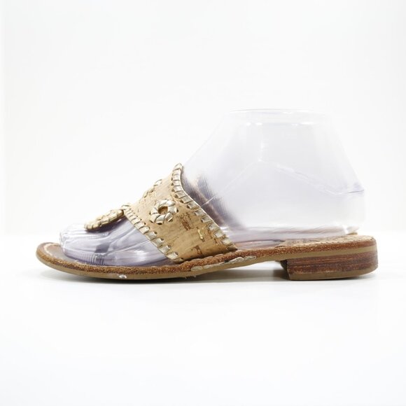Jack Rogers Hamptons Tan Cork Gold Trim Flat Thong Sandals - Women's 5 - Picture 1 of 7
